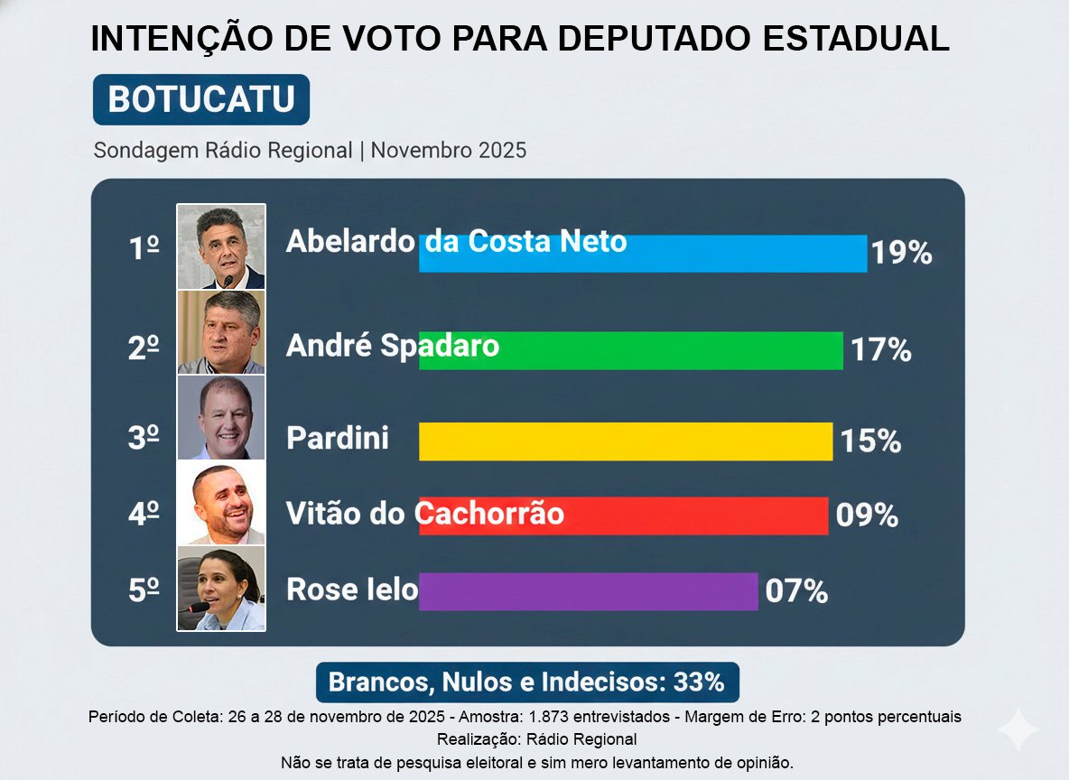 Sondagem aponta liderança de Abelardo da Costa Neto na corrida para deputado estadual em Botucatu